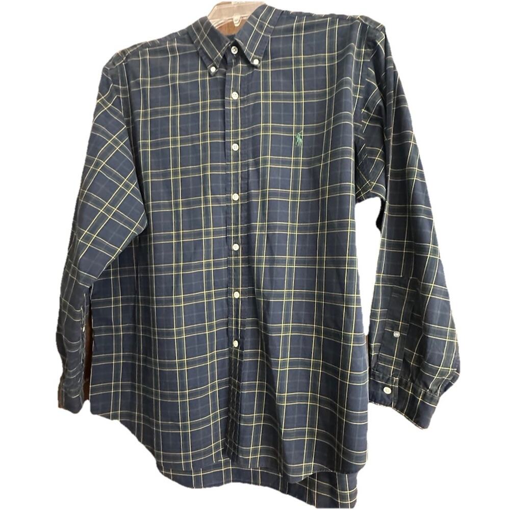 Vintage Ralph Lauren Shirt Mens XL Blue Tartan Plaid Classic Fit Green Polo Pony